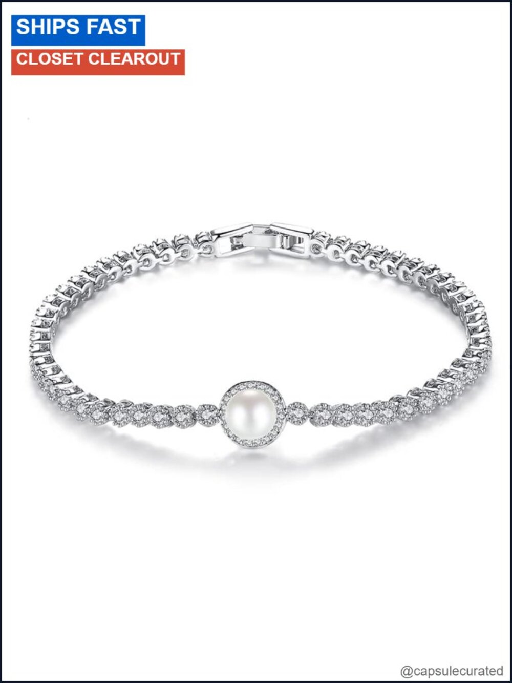 14K White Gold Freshwater Pearl Moissanite Link Bracelet for Women, Handmade